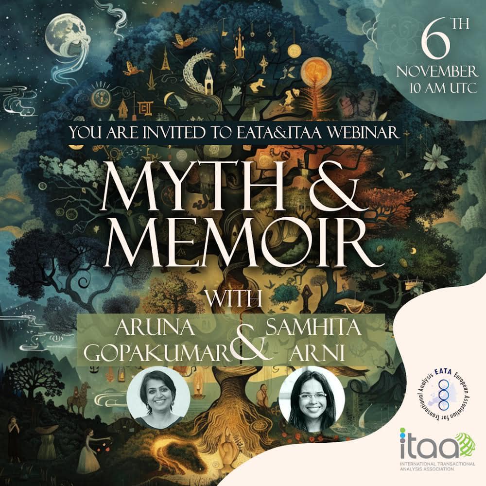 Our next free #EATA / #ITAA webinar is on 6 Nov at 11 CET/10 UTC called "Myth and Memoir," with facilitators Aruna Gopakumar and Samhita Arni, focusing on myths and stories, both universal and personal, and examining how they intertwined. Sign up here: loom.ly/X_KUdnA