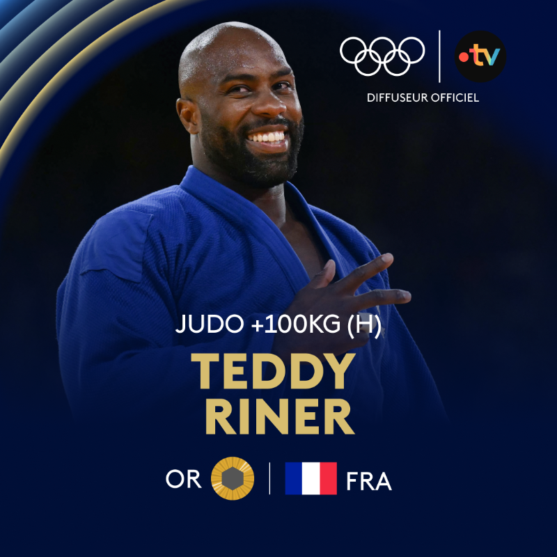 francetvsport's tweet photo. #Paris2024 | 🥇🇫🇷 Teddy Riner remporte sa quatrième médaille d'or olympique aux JO de Paris 2024 : le plus grand judoka DE TOUS LES TEMPS !