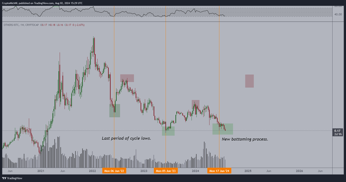 CryptoMichNL's tweet photo. The #Altcoins continue to fall.

Others/BTC is currently hitting a new low, which is unusual, but tells me that we're close.

Hold on into August and then the rest is going to be great. https://t.co/epzEVd0nKV