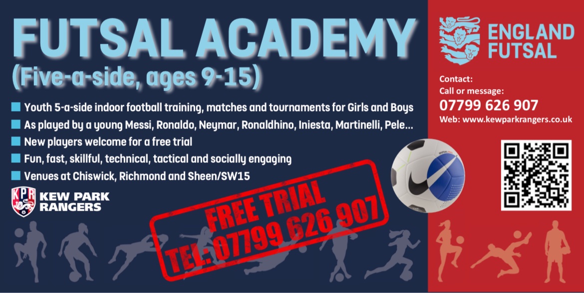 Free Futsal ⚽️ sessions, trials and matches starting next week for boys and girls in Richmond, Chiswick and Sheen. #futsal
<a href="/KPRGirls/">KPR Girls</a> <a href="/KPRfootballclub/">kewparkrangersfc</a> 
<a href="/EnglandFutsal/">England Futsal</a>