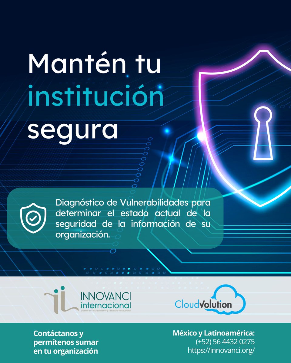 Innovanci's tweet image. @Innovanci en sinergia con #CloudVolution, una firma internacional especializada en #Ciberseguridad, pone a su disposición el servicio de #DiagnósticoDeVulnerabilidades con el fin de determinar el estado actual de la seguridad de la información de su organización
¡Contáctanos!