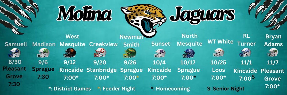Molina Football (@molinafootball) on Twitter photo 2024 MOLINA FOOTBALL SCHEDULE
JUICE
ATTITUDE
GROWTH
SUCCESS
<a href="/dallasathletics/">Dallas ISD Athletics</a> <a href="/Coachbru3/">Coachbru</a> <a href="/JacobNunez27/">Jacob Nuñez</a> <a href="/MolinaHigh/">Moises E. Molina High School</a> 2024 MOLINA FOOTBALL SCHEDULE
JUICE
ATTITUDE
GROWTH
SUCCESS
<a href="/dallasathletics/">Dallas ISD Athletics</a> <a href="/Coachbru3/">Coachbru</a> <a href="/JacobNunez27/">Jacob Nuñez</a> <a href="/MolinaHigh/">Moises E. Molina High School</a>