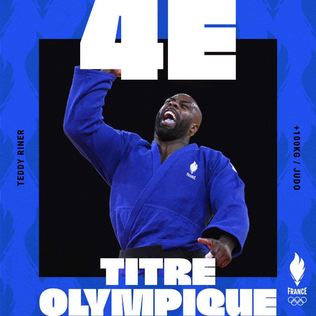 EquipeFRA's tweet photo. 2012, 2016, 2020, 2024. 
Teddy devient l'athlète le plus titré des Jeux Olympiques d'été (avec Lucien Gaudin, et Christian d'Oriola)  ✨ https://t.co/OCkyCWWaGu