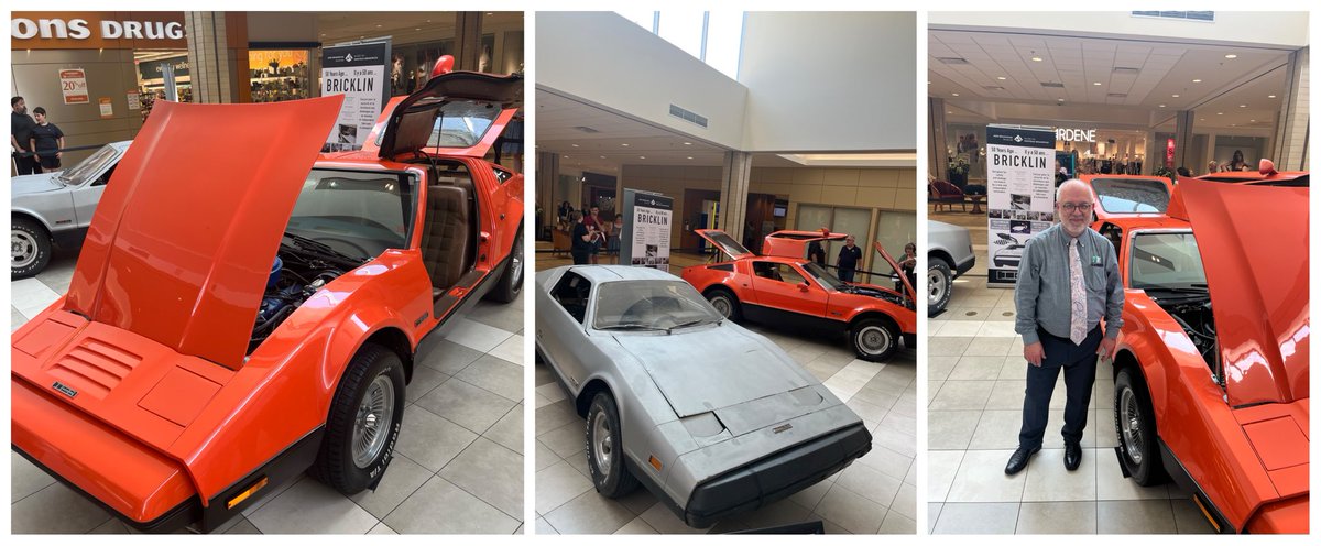 Very cool Bricklin display by ⁦<a href="/nbmmnb/">NBM-MNB</a>⁩ today ⁦<a href="/cityofsaintjohn/">City of Saint John</a>⁩ McAllister Mall. 50 years ago on Aug 6 the first Bricklin rolled off the line in New Brunswick and the rest is history. #NewBrunswickDayWeekend #Bricklin