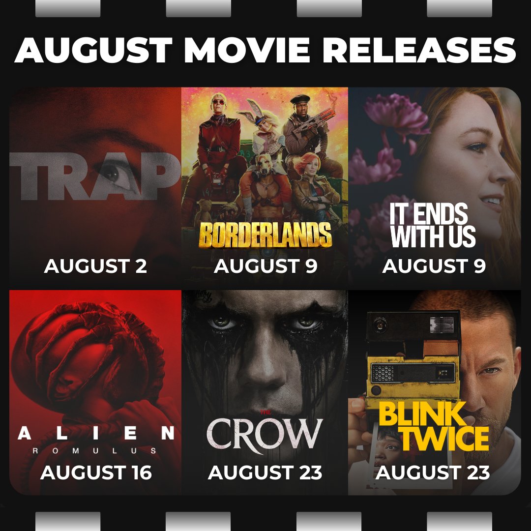 ThePoppinPod's tweet photo. This month's biggest theater releases 🎬

🎵 #Trap
🔫 #Borderlands
🌺 #ItEndsWithUs
👽 #AlienRomulus
🦅 #TheCrow
📸 #BlinkTwice 

View the full list with all titles releasing at the #Letterboxd link in bio 🍿

#newmovies #newreleases #augustmovies #movies https://t.co/01eIuJciq5