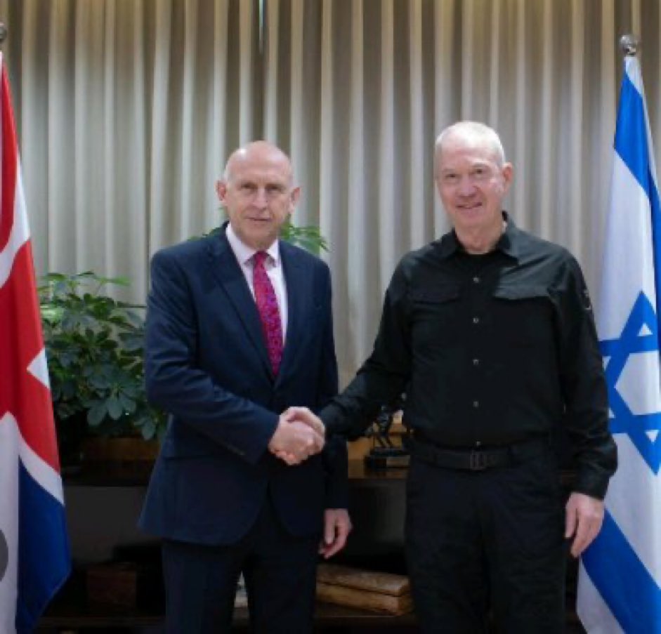 BeckettUnite's tweet image. Defence Secretary John Healy in Israel shaking hands with Israeli Defence Secretary Gallant.

Gallant gave the order to starve all of Gaza, called Palestinians ‘animals’ and is likely to be the subject of an ICC arrest warrant. 

Labour is complicit. 
Shame on Labour.