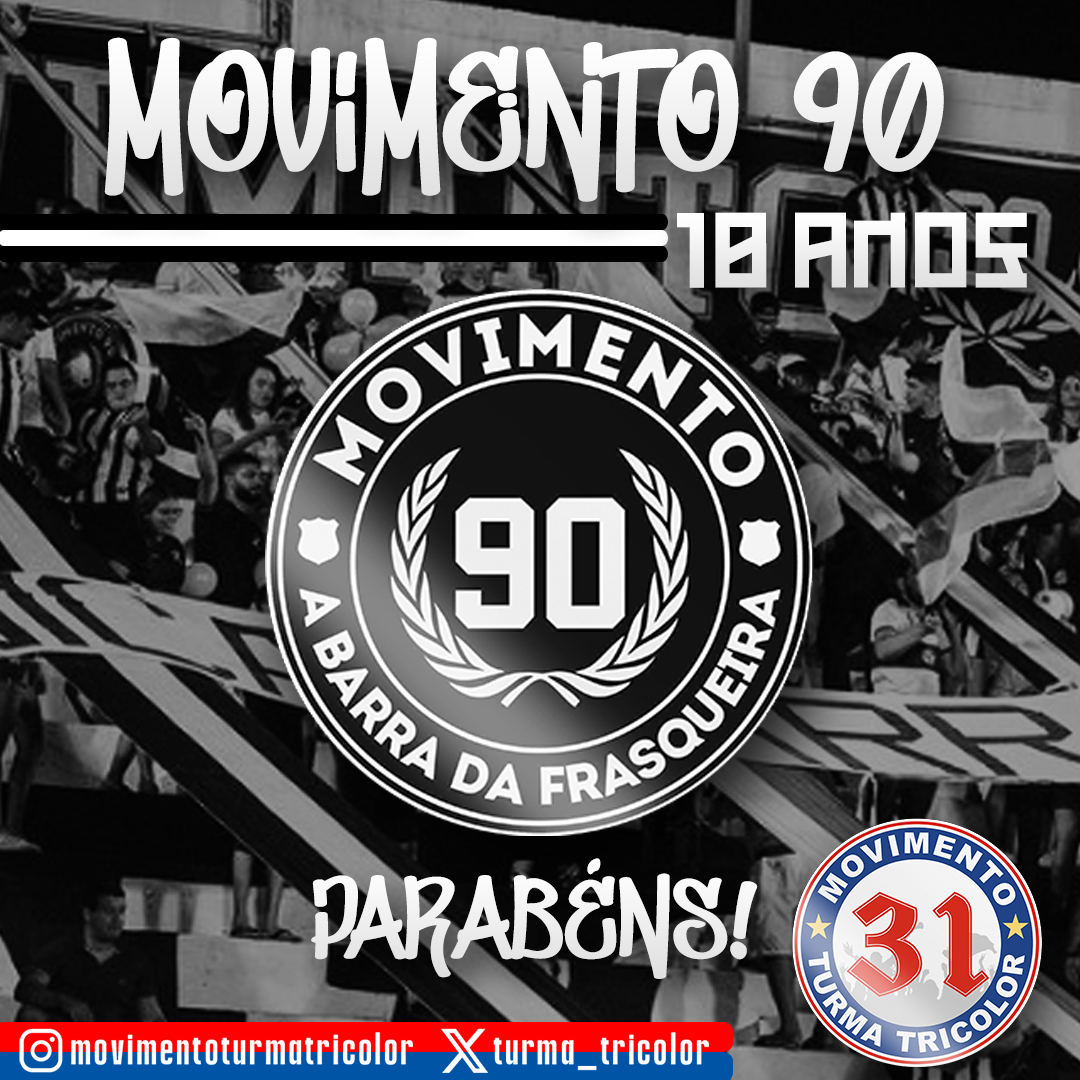 Parabéns <a href="/m90oficial/">Movimento 90</a> !!! 

Desejamos vida longa e sucesso a todos os irmãos e irmãs que há 10 anos se dedicam em prol do ABC. Em Salvador, vocês sempre estarão em casa!!! Viva a única barra do RN! ⚫️⚪️

🔵⚪️🔴 MOVIMENTO TURMA TRICOLOR - A Barra do Esquadrão