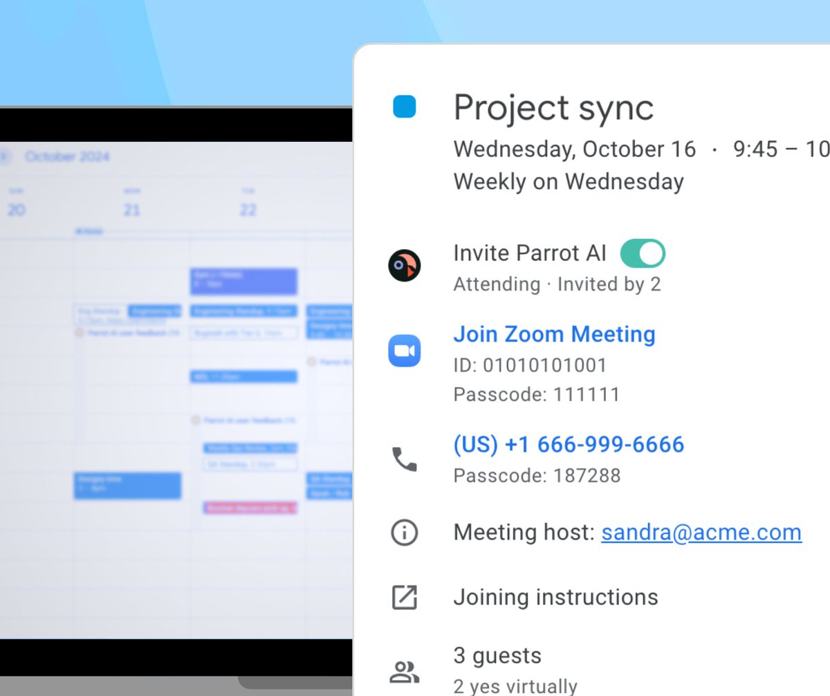 Inviting the Parrot to your meetings just got easier!

Install the <a href="/ParrotAI_Inc/">Parrot AI🦜</a> Chrome extension and connect your calendar to invite your Parrot to your calls directly from any Google Calendar invitation 🗓️

parrot.ai/chrome-extensi…