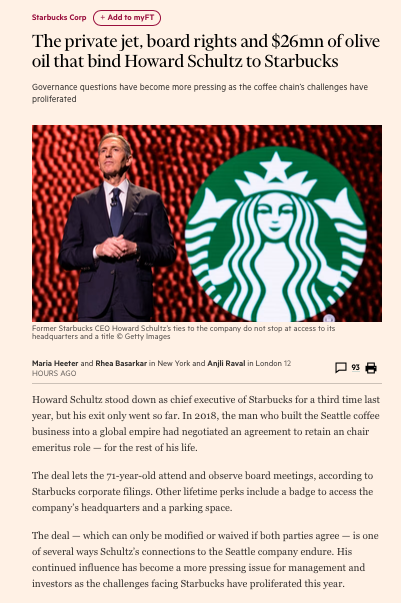 Maria Heeter (@heetermaria) on Twitter photo 🧶+☕️+ ✈️ = ⁉️
Howard Schultz stood down from his post at Starbucks for the third time last year—but his exit only went so far
A jet, pseudo board seat & lifetime HQ badge access tie the $1.6bn shareholder to $SBUX
W/ <a href="/rhea_basarkar/">rhea basarkar</a>+<a href="/AnjliRaval/">Anjli Raval</a> 4 <a href="/FT/">Financial Times</a>
ft.com/content/e37d19… 🧶+☕️+ ✈️ = ⁉️
Howard Schultz stood down from his post at Starbucks for the third time last year—but his exit only went so far
A jet, pseudo board seat & lifetime HQ badge access tie the $1.6bn shareholder to $SBUX
W/ <a href="/rhea_basarkar/">rhea basarkar</a>+<a href="/AnjliRaval/">Anjli Raval</a> 4 <a href="/FT/">Financial Times</a>
ft.com/content/e37d19…