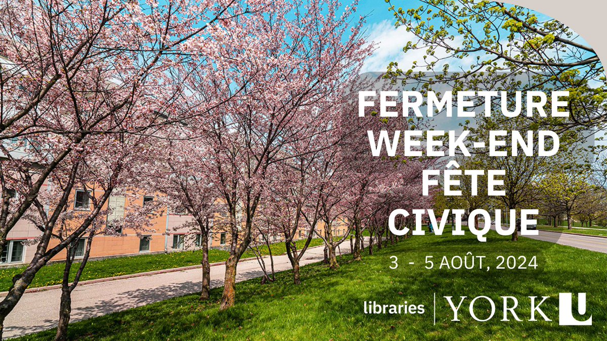 FrostLibrary's tweet image. Les bibliothèques YorkU seront fermées pour la fête civique, le 3-5 août, 2024.  Passez un bon long week-end!

YorkU libraries will be closed for the civic holiday, August 3-5, 2024. Have a nice long weekend!
