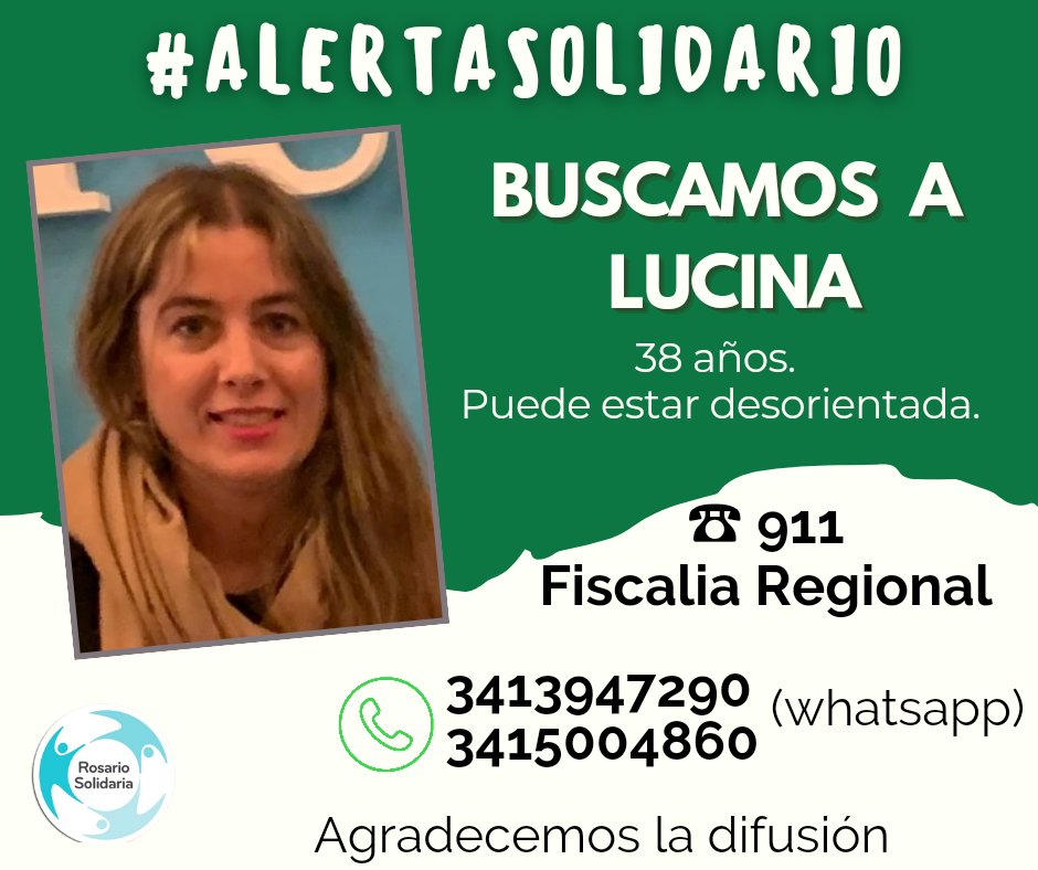 #URGENTE
Buscan a LUCINA, 38 años, puede estar desorientada.

☎️ 911 <a href="/fiscaliareg2/">Fiscalía Regional 2 · MPA</a>
📲 3413947290 / 3415004860

Gracias por compartir💪