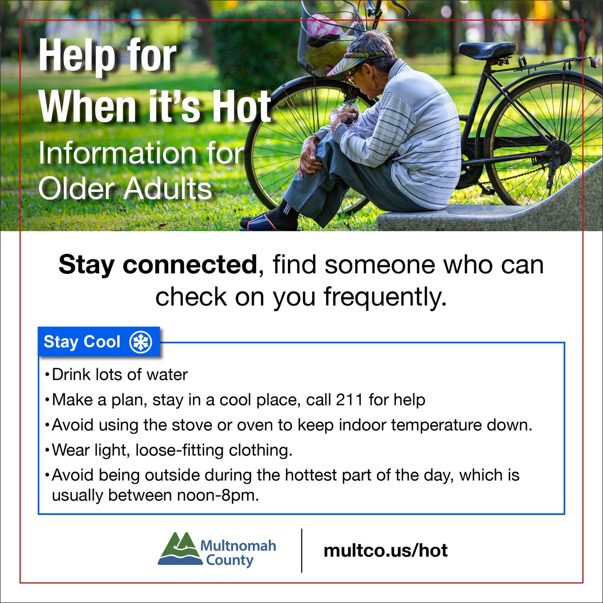 multco's tweet photo. SHARE:☀️Check in on neighbors, friends, and older adults during these hot days. Stay connected. More at: https://t.co/6HMQ3f4FVm https://t.co/V6bvu0BZYD