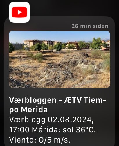 Værblogg 02.08.2024, 17:00 Mérida: sol 36°C. Viento: O/5 m/s. youtu.be/9ThN8dTk7JE?si…