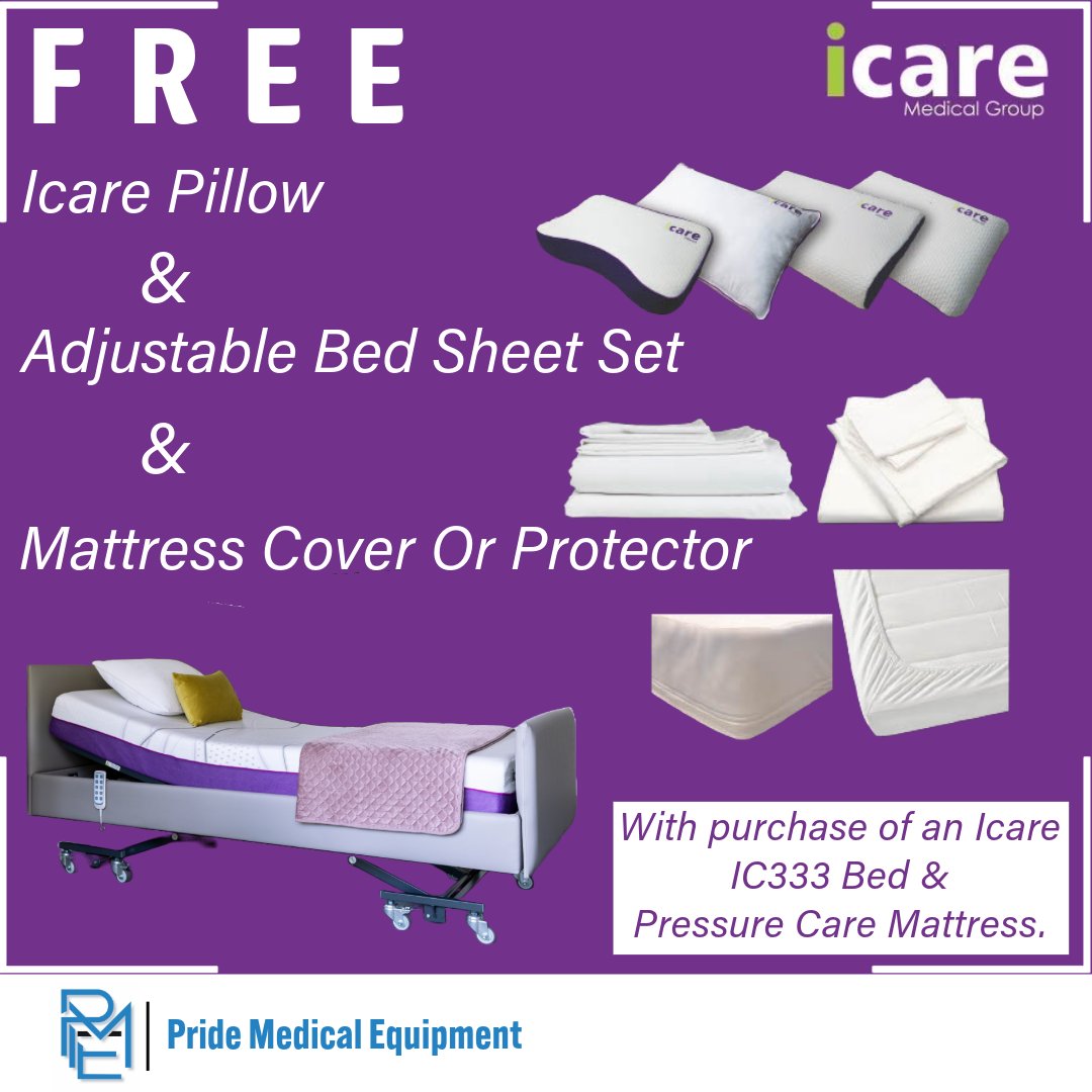 MedicalPride's tweet photo. FREE ICARE PILLOW, ICARE ADJUSTABLE BED SHEET SET, FREE ICARE MATTRESS PROTECTOR OR COVER WITH ANY ICARE IC333 HOMECARE BED &amp; MATTRESS PURCHASED. VALID UNTIL 31 AUGUST 2024.#luxuryhospitalbeds #MedicalComfort #hospitalityhealthcare #ErgonomicDesign #patientcomfort #Healthcare https://t.co/htD3Toy0aH