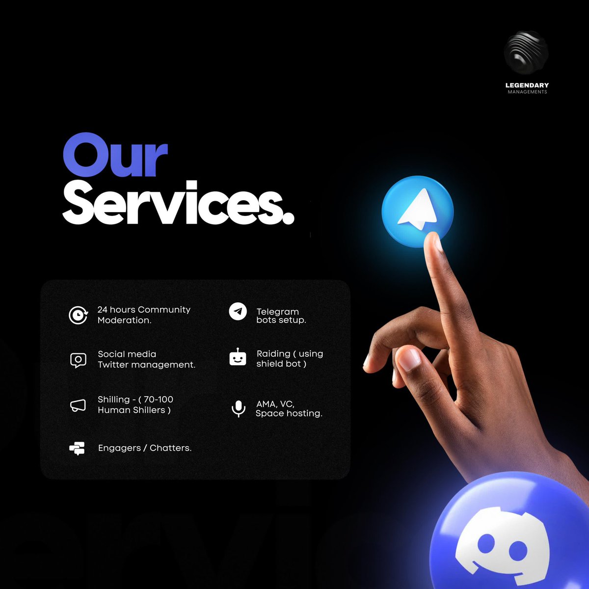 Community management which is our core service is the backbone for crypto  projects as it involves engaging within the community promoting a positive  environment amongst others. At Legendary managements, we eliminate project