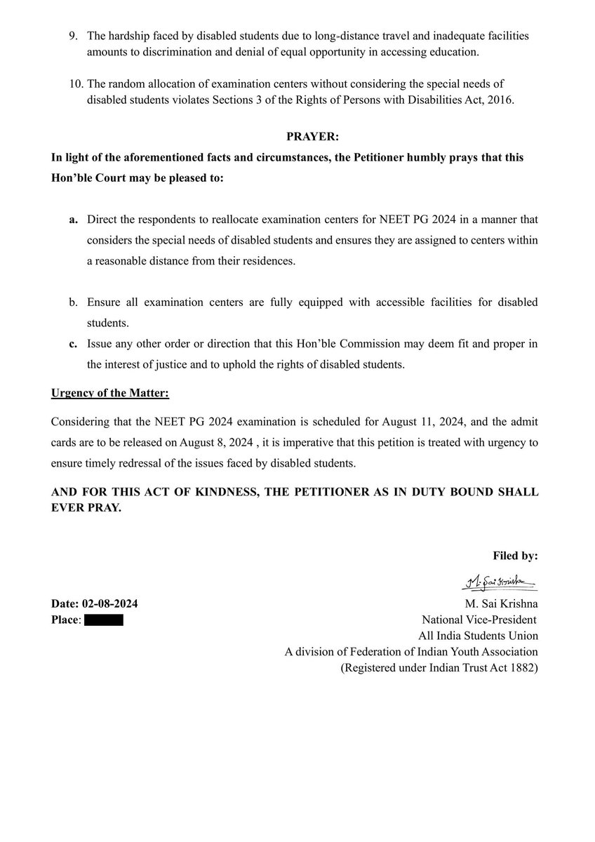 Today, @official_aisu has filed a petition before the Chief Commissioner for Persons with Disabilities regarding the issues faced by PwD NEET PG 2024 aspirants. Immediate action is needed to ensure fair access for all students. #NEETPG2024 #NeetPG_mismanagement #NEETPG24