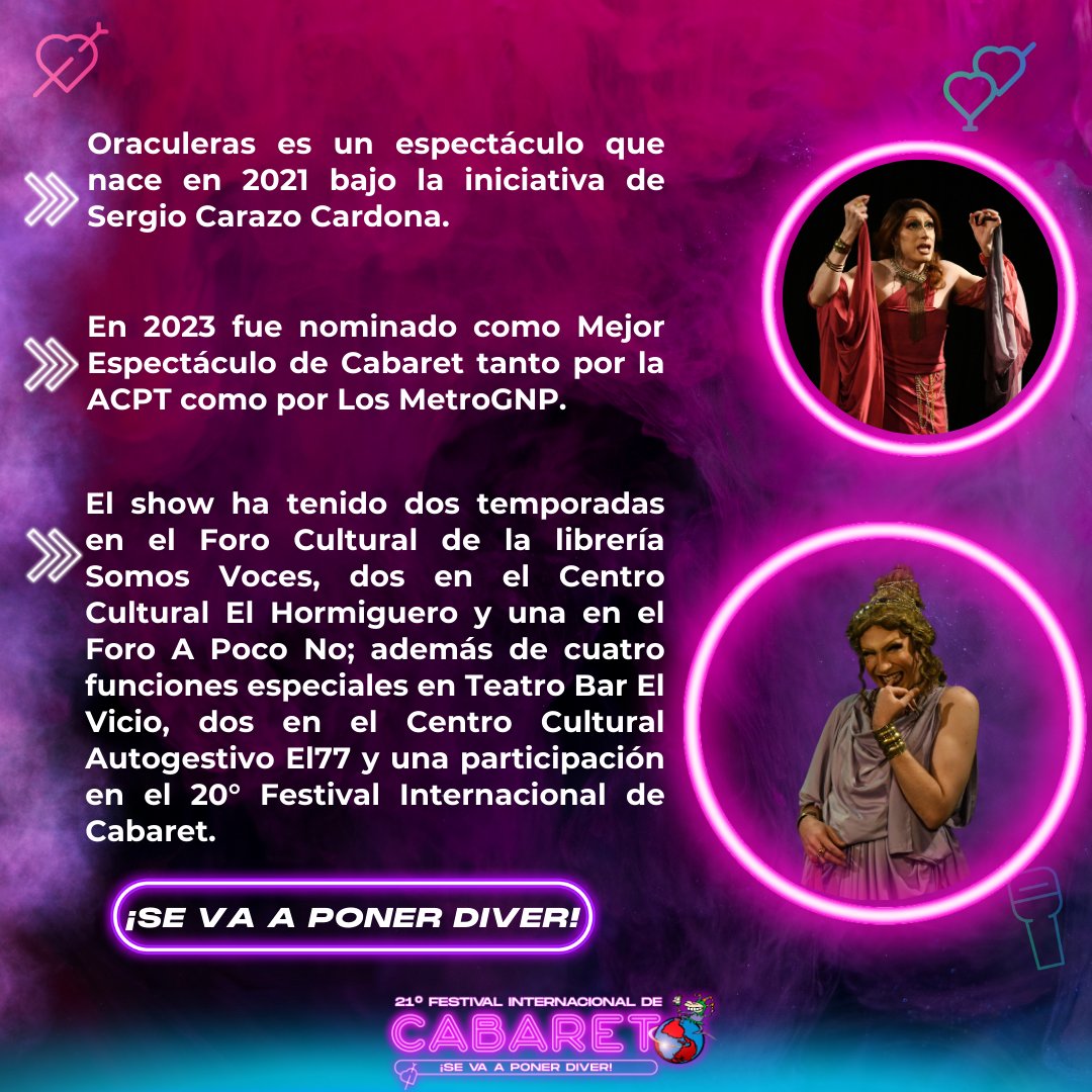 FestivalCabaret's tweet photo. Estamos a nada de comenzar la #FiestaCabaretera más todo que ver de la mundaa🌎💃🕺

Y las presentaciones continúan 🫶 
#ArtistasEnElFesti presenta a Oraculeras 🫦 🔥 https://t.co/o54PDJQQrS