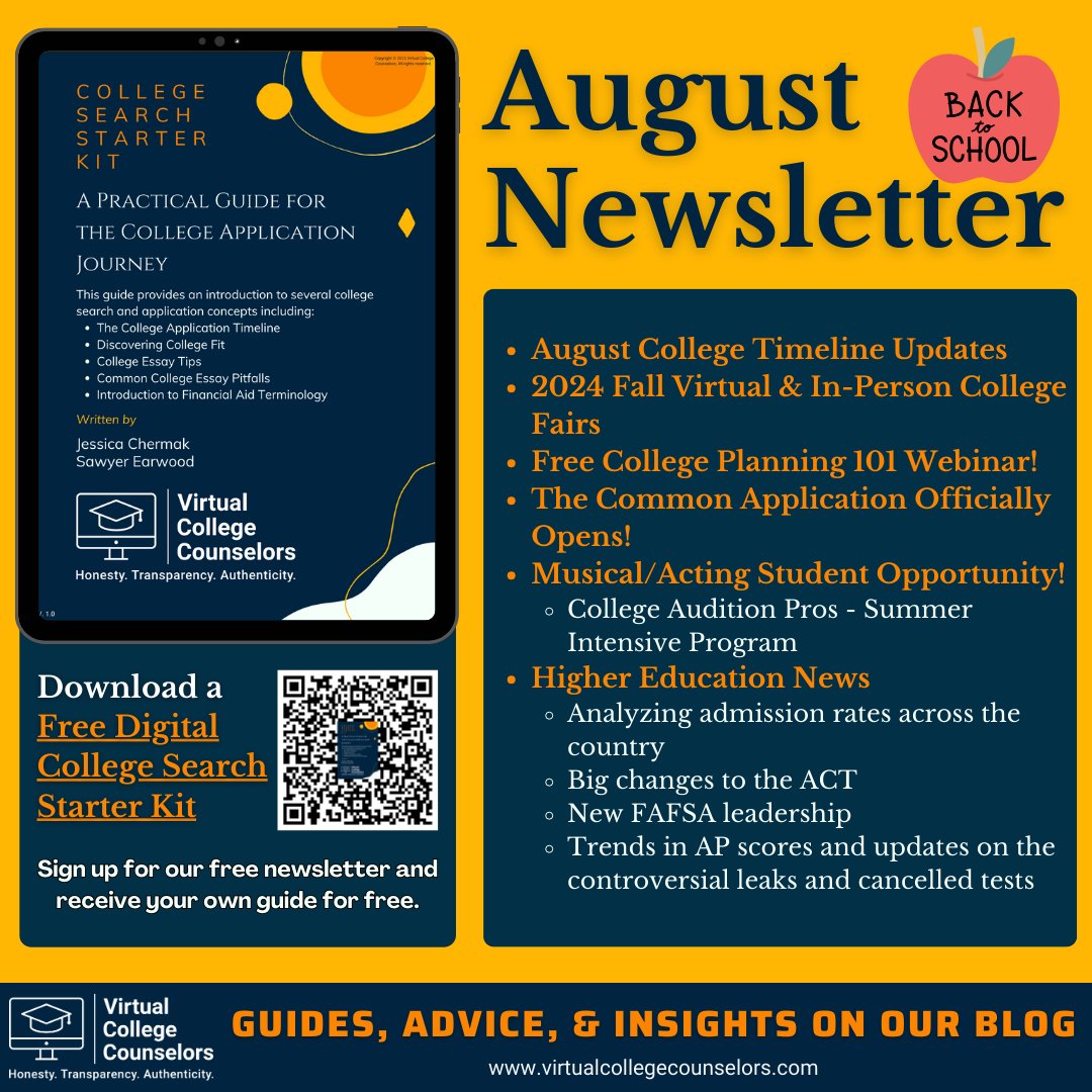 VirtualCollegeC's tweet image. Our monthly #newsletter is here! 📬
💻Free #College Planning 101 Webinar!
📝Common Application Opens!
🗓️August College Timeline
📰#Education News: Changes to FAFSA, ACT, &amp;amp; APs!
📅2024 College Fairs
Get ahead in your college journey!
witty-designer-4182.ck.page/posts/August-2…
#writing #university