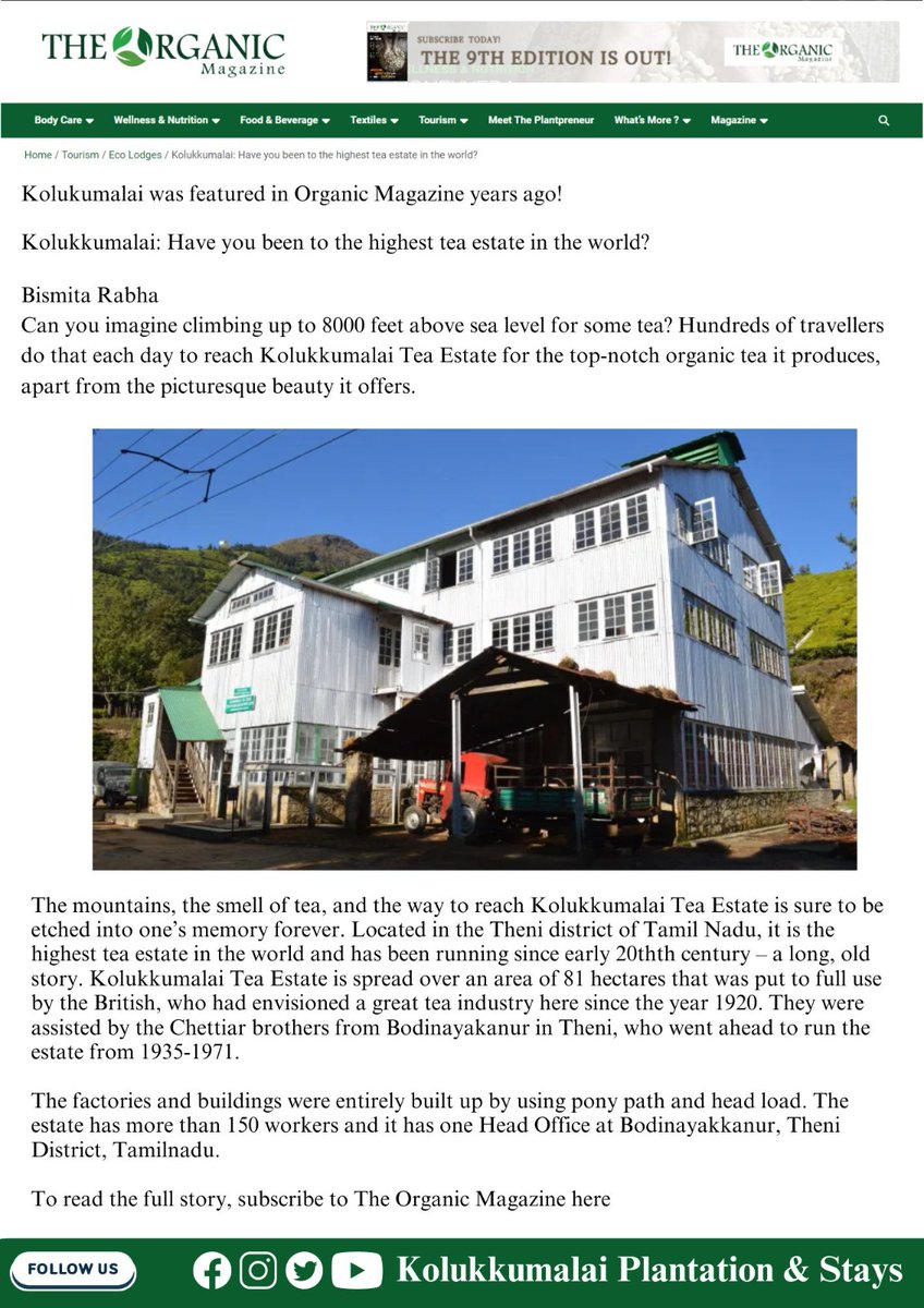 We are thrilled to share that Kolukkumalai Tea Estate has been featured in The Organic Magazine! 🌿

Experience the magic of the highest tea estate in the world, producing top-notch organic tea amidst breathtaking beauty. 

Read the full story in The Organic Magazine.