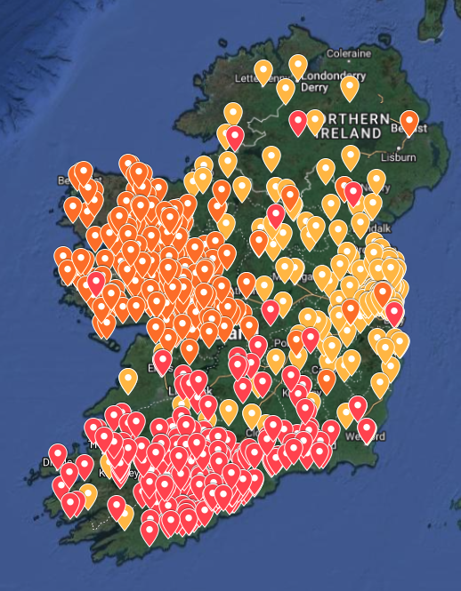 An update to the map I've been working on. Every pin you see below is a former address that can be tied to a mother / child who died in an institution on <a href="/Project_Infant/">Project Infant</a>.

Orange - Tuam / Glenamaddy
Yellow - Pelletstown
Pink - Bessborough

🔗 to see it: google.com/maps/d/viewer?…