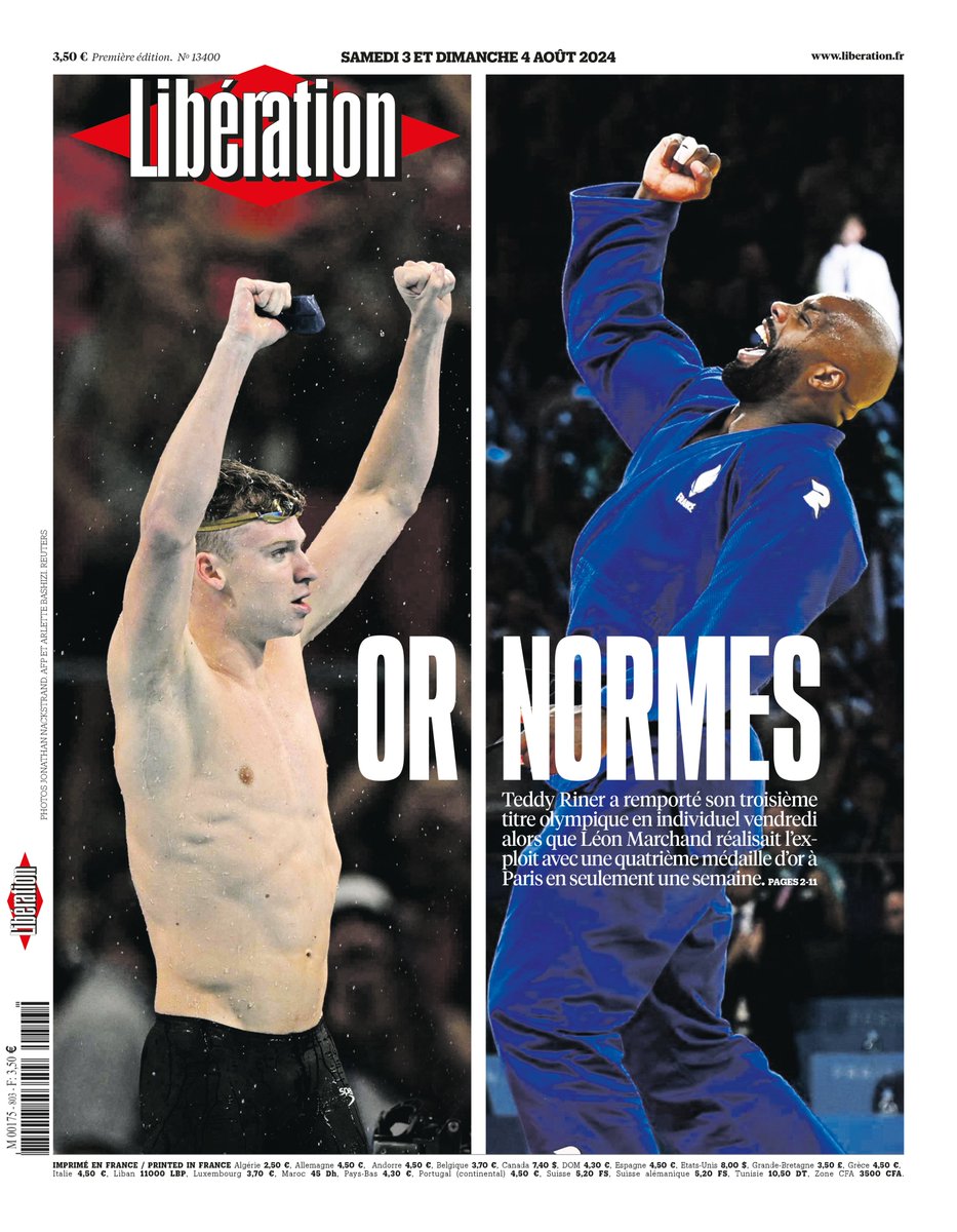🥇 Or normes. C'est la une de @Libe ce week-end. 

Teddy Riner a remporté son troisième titre olympique en individuel vendredi alors que Léon Marchand réalisait l'exploit avec une quatrième médaille d'or à Paris en seulement une semaine.

#Paris2024