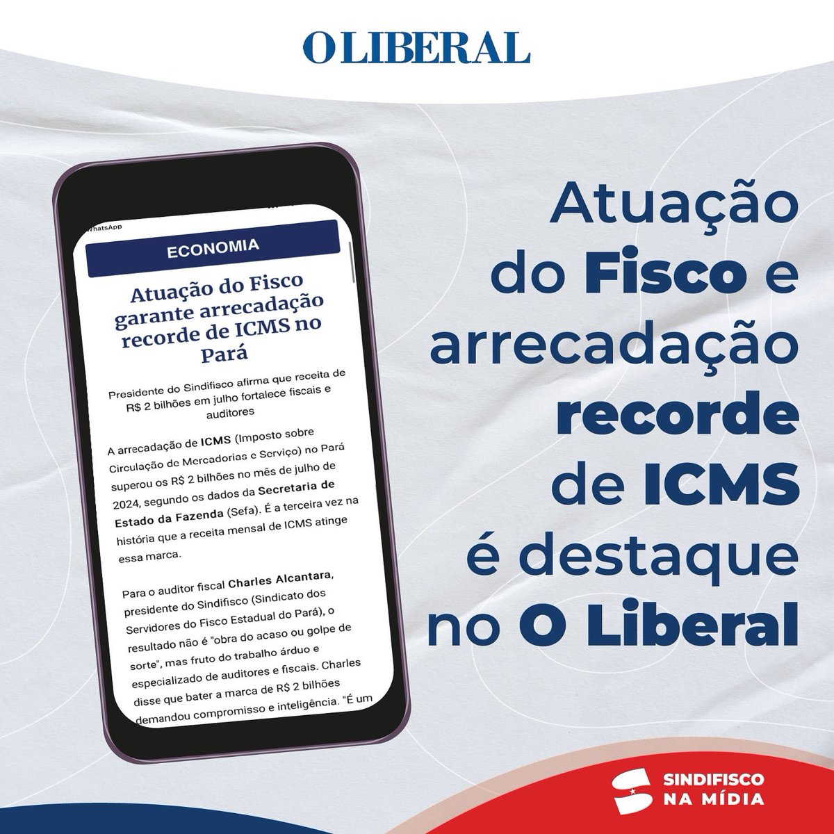 NA MÍDIA!

O Liberal, nesta sexta-feira (02), publicou uma matéria destacando a importância da atuação do fisco e o marco histórico da arrecadação do ICMS. O presidente do Sindifisco-PA, Charles Alcantara, que celebra essa conquista, afirma que o resultado não é "obra do acaso ou