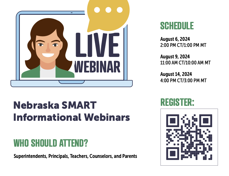 📚 Free Online Tutoring for K-12 Students! 📚

Nebraska SMART offers free online tutoring to K-12 students in rural Nebraska. Join one of their informational webinars to learn more about this amazing opportunity! #NebraskaSMART