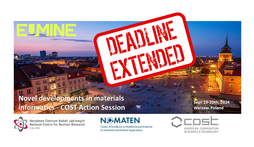 🚀 Deadline Extended! Abstracts for the EuMINe symposium at #EMRS on "Novel Developments in Materials Informatics" are now due by 16 August 2024! 📅
Submit your abstract to be considered for expense reimbursements. 🌍✈️
events.ncbj.gov.pl/event/356/abst…
#EuMINe #MaterialsInformatics