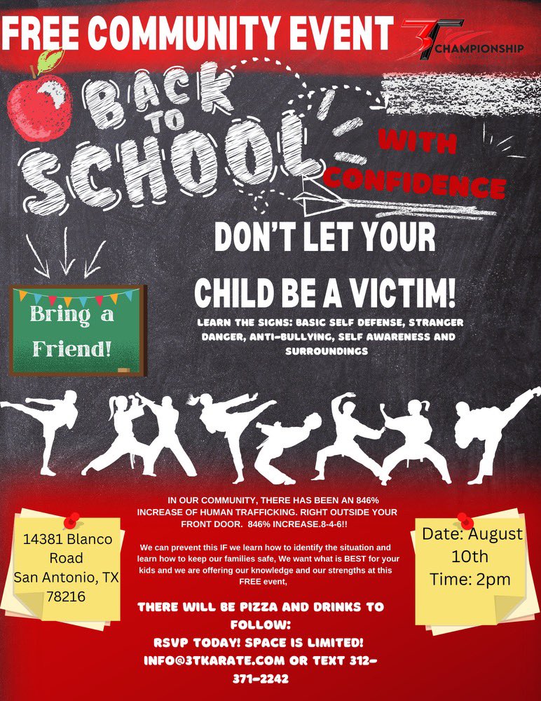 Eisenhower PTA (@ike_pta) on Twitter photo Free Community Event!
Check out this flyer from our sponsor Championship Martial Arts.
Spots are limited - RSVP today!
INFO@3TKARATE.COM
TEXT 312-371-2242 Free Community Event!
Check out this flyer from our sponsor Championship Martial Arts.
Spots are limited - RSVP today!
INFO@3TKARATE.COM
TEXT 312-371-2242