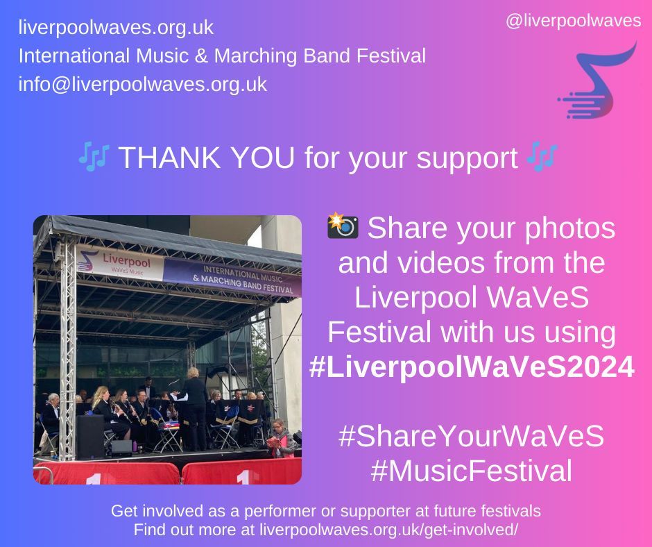 LiverpoolWaves's tweet photo. Don't forget to #ShareYourWaVeS 📸 We want to see #LiverpoolWaVeS2024 through your eyes! Share your photos and videos from the festival using #LiverpoolWaVeS2024. Let’s keep the memories alive and relive the best moments together! #InternationalMusic #MarchingBand https://t.co/PK7kj78gJW
