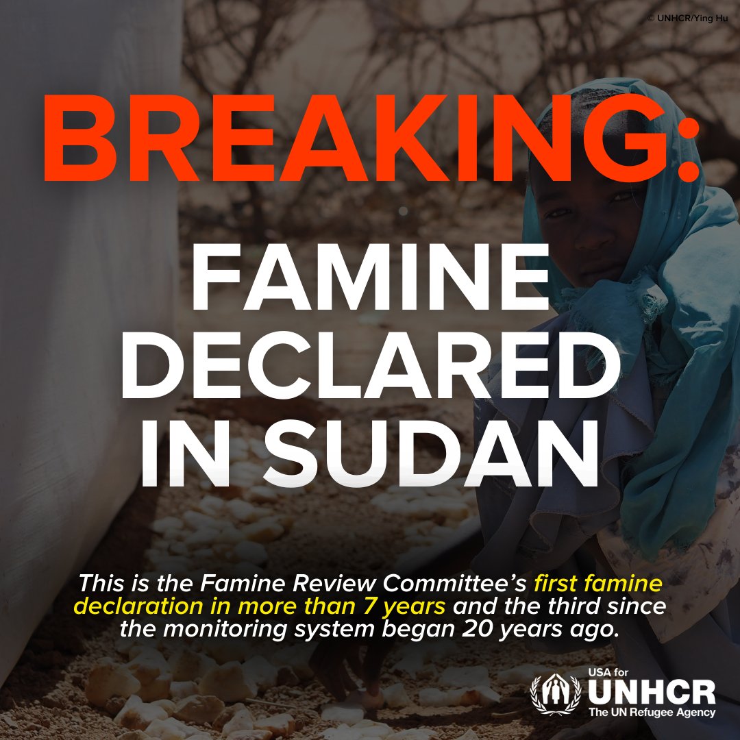 🚨 BREAKING NEWS: The Famine Review Committee has declared a famine in Sudan after more than 15 months of violence in the country. 

Get the full update at: unrefugees.org/news/unhcr-urg…