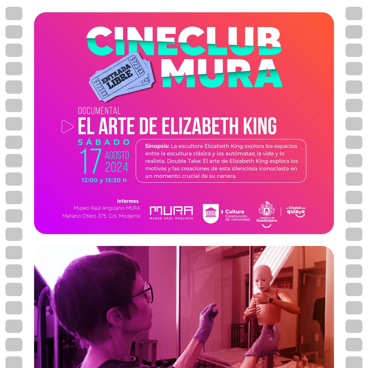 Te invitamos este 17 de agosto a la función de Cine Club Mura de el documental El arte de Elizabeth King.

La cita es a las 12 y 13:30 horas, la entrada es gratuita. 

¡No faltes!