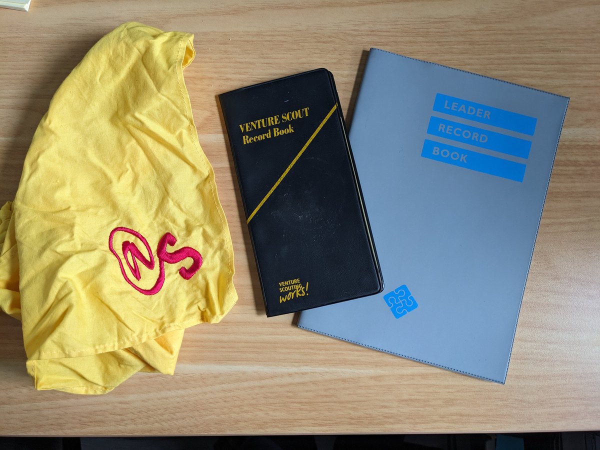 Clearing out the loft and found these. Trip down memory lane! Anyone else hoarding Scouting relics?  L-R a neckie from the Scout Network Pilot c1997? , Venture Scout Record Book 1988 and Leader Training Record Book 1992.  Is it only me 🤣