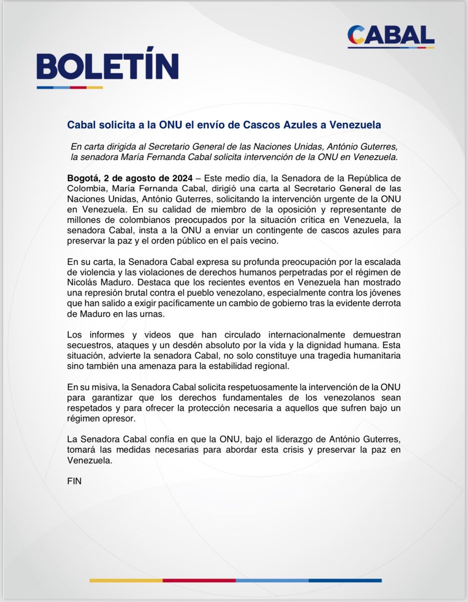 #Boletín senadora <a href="/MariaFdaCabal/">María Fernanda Cabal</a> solicita a la ONU el envío de Cascos Azules a Venezuela