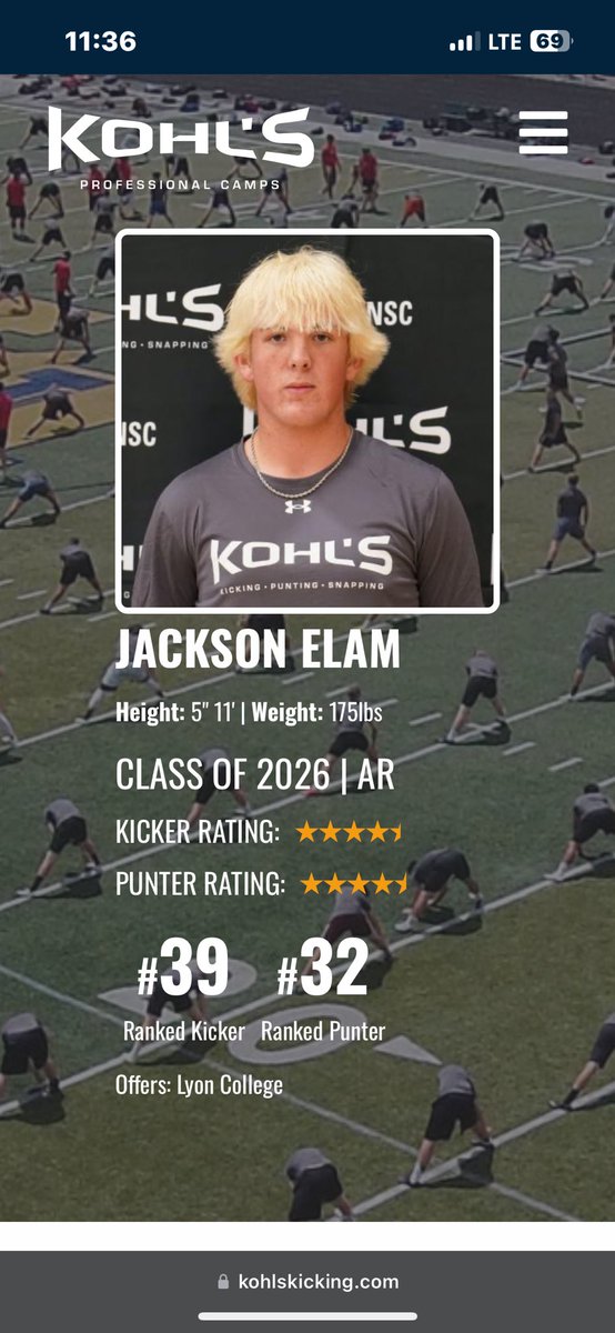 Jackson Elam (@jacksonelam2026) on Twitter photo After a great <a href="/KohlsKicking/">Kohl's Kicking Camps</a> , Iโm blessed to be the 39th ranked kicker in the ๐บ๐ธ and 32nd ranked punter!!!
<a href="/PriceHolmes_/">Price Holmes</a> <a href="/CoachPalese/">Nick Palese</a> <a href="/CoachKNguyen/">Khang Nguyen</a> <a href="/CoachMo92/">Ryan Morrow</a> <a href="/CoachNorwood15/">Neely Norwood</a> <a href="/HootensARFBall/">HootensARFootball</a> <a href="/PrepRedzoneAR/">Prep Redzone Arkansas</a> <a href="/duneganjace/">Jace Dunegan</a> <a href="/ChrisHudgison/">Chris Hudgison</a> <a href="/tctabler/">PrepRedZoneTom Tabler</a> <a href="/KohlsHighlights/">Kicking, Punting, Long Snapping Highlights</a> @jamesedmondpaul After a great <a href="/KohlsKicking/">Kohl's Kicking Camps</a> , Iโm blessed to be the 39th ranked kicker in the ๐บ๐ธ and 32nd ranked punter!!!
<a href="/PriceHolmes_/">Price Holmes</a> <a href="/CoachPalese/">Nick Palese</a> <a href="/CoachKNguyen/">Khang Nguyen</a> <a href="/CoachMo92/">Ryan Morrow</a> <a href="/CoachNorwood15/">Neely Norwood</a> <a href="/HootensARFBall/">HootensARFootball</a> <a href="/PrepRedzoneAR/">Prep Redzone Arkansas</a> <a href="/duneganjace/">Jace Dunegan</a> <a href="/ChrisHudgison/">Chris Hudgison</a> <a href="/tctabler/">PrepRedZoneTom Tabler</a> <a href="/KohlsHighlights/">Kicking, Punting, Long Snapping Highlights</a> @jamesedmondpaul