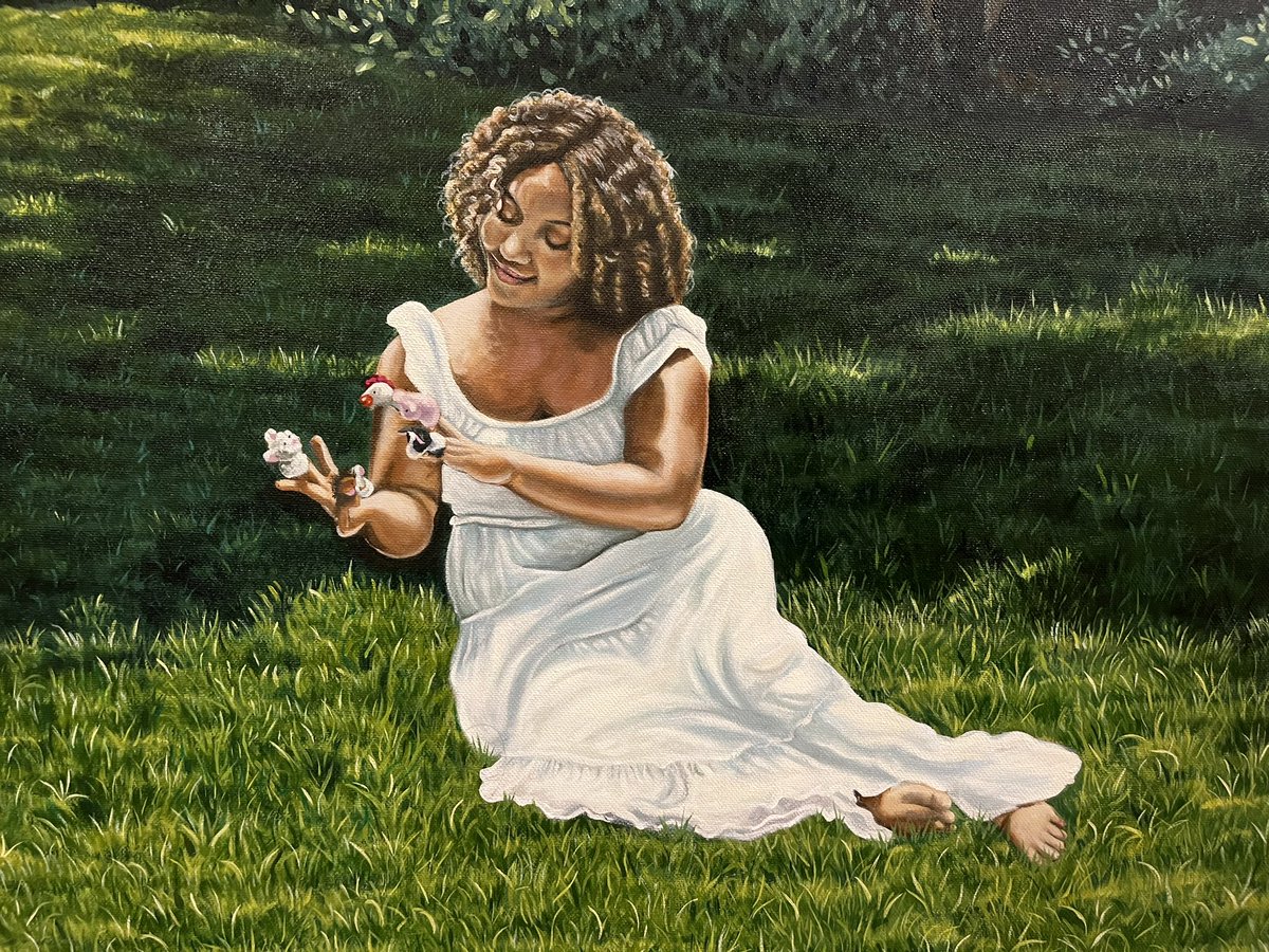 madamemack's tweet photo. “talk therapy” oil painting on canvas 🩷🌳🐮🐷 https://t.co/1vkW970YPv