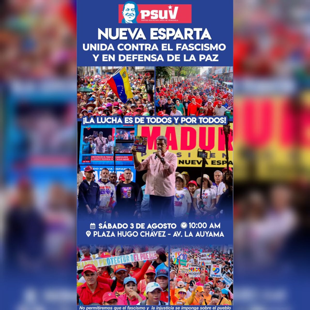 🗣️ La cita es mañana sábado a las 10:00AM. LOS CHAVISTAS DE CORAZÓN nos movilizamos contra el fascismo y en defensa de la paz.
Punto De Concentración: Urbanismo Luisa Cáceres De Arismendi (La Auyama).

🎵 Yo no me quedo en la casa, pues al combate me voy"..
#NuevaEspartaPorLaPaz