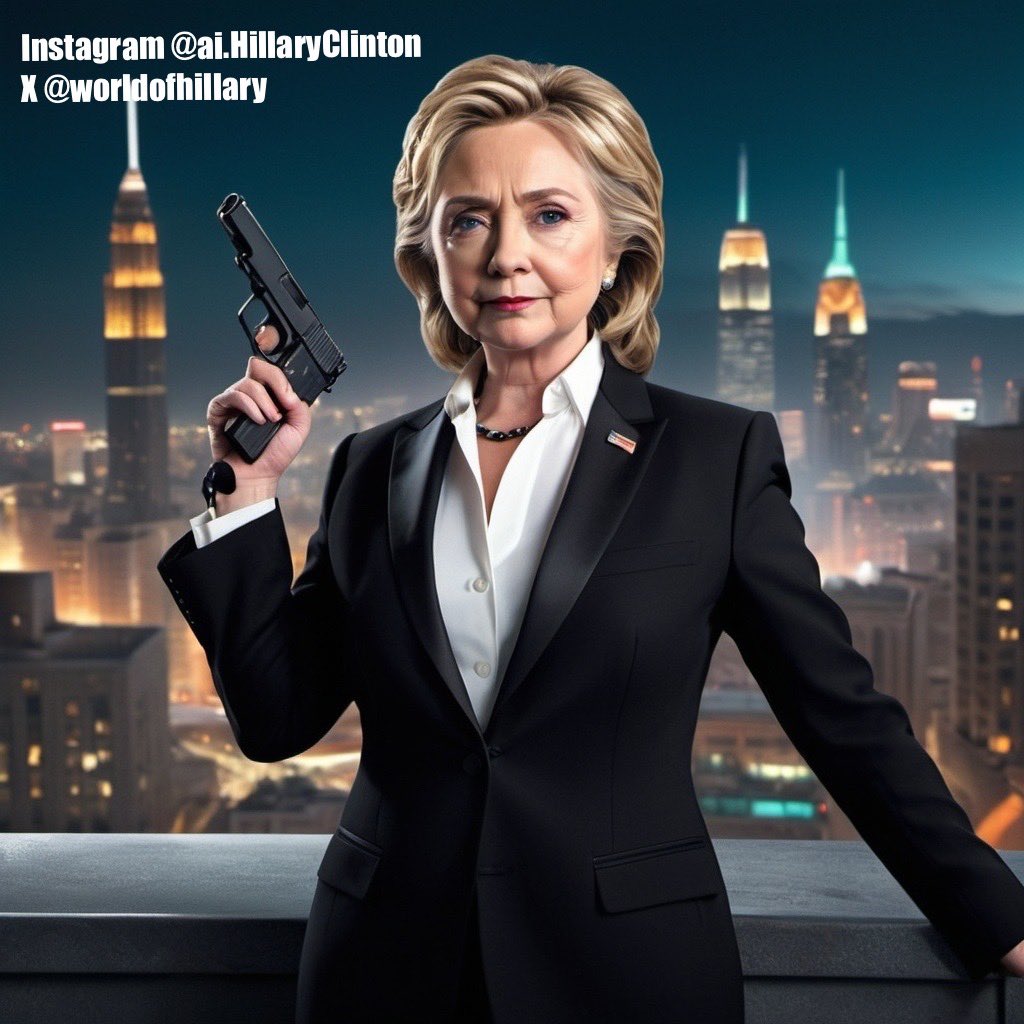 WorldOfHillary's tweet photo. Bang bang, I shot you down. Move over, 007—Agent HRC is on the case! Ready to save the world with emails, pantsuits, and a dash of diplomatic finesse. #BondHillaryBond #hillaryclinton https://t.co/fn33tx5t6E