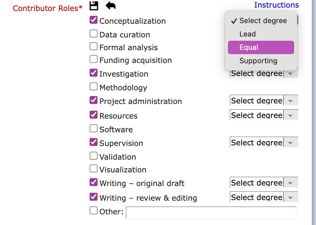 maddi_pow's tweet photo. Oh very cool that APA journal submissions now not only ask for a CRediT statement but prompt you to identify the degree of contribution to each role. I missed this news but love to see it 💛 #openscience https://t.co/RTQW91aiTo