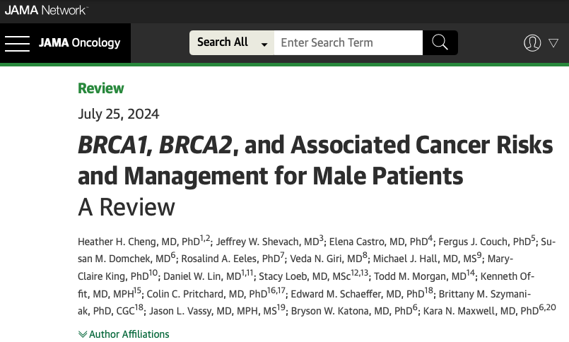 "BRCA1, BRCA2 &amp; Associated Cancer Risks and Management for Male Patients"

Review discusses the underrecognized health implications of inherited cancer-predisposing variants in BRCA1🧬 and BRCA2🧬 (BRCA1/2 PVs) for male carriers, who comprise half of all carriers but are less