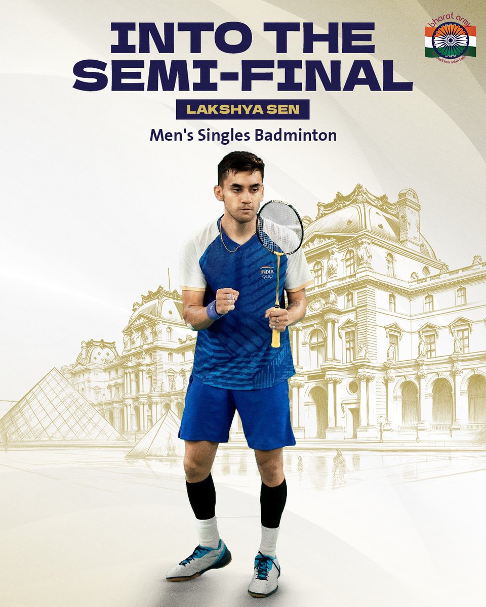 thebharatarmy's tweet photo. 🔥 𝗟𝗮𝗸𝘀𝗵𝗮𝘆 𝗦𝗲𝗻 𝗰𝗿𝗲𝗮𝘁𝗲𝘀 𝗵𝗶𝘀𝘁𝗼𝗿𝘆! The young sensation storms into the semi-final. 

💪 He becomes the first Indian male badminton player to achieve this feat at the Olympics.

📸 Pics belong to the respective owners • #LakshaySen #Paris2024 #ParisOlympics #IndianSports #Badminton #TeamIndia #BharatArmy #COTI🇮🇳