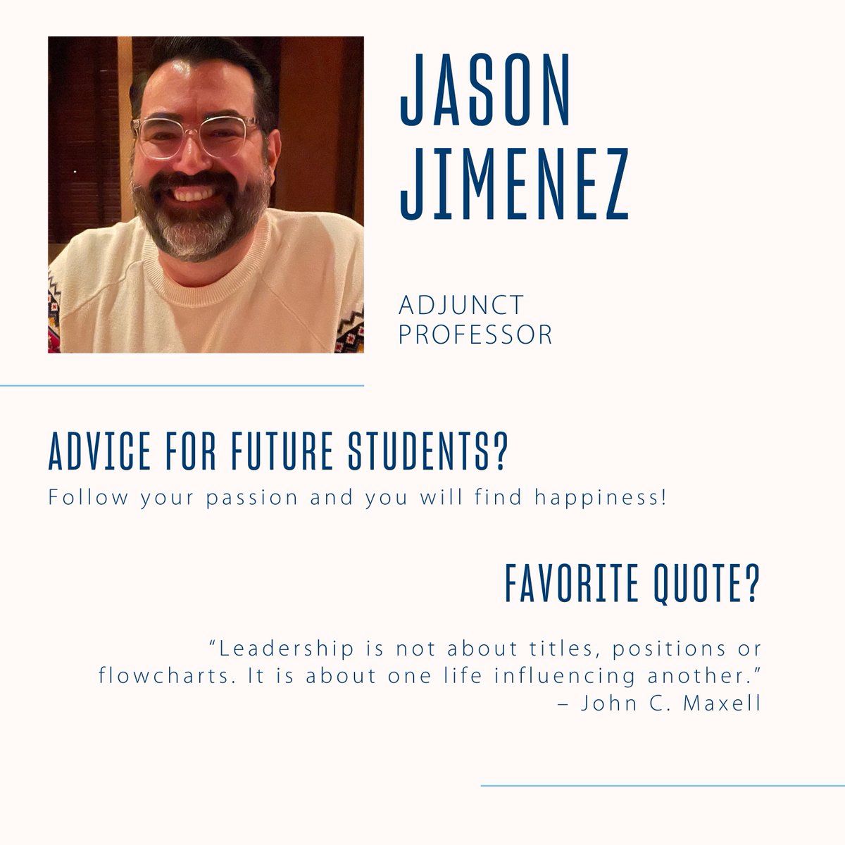 Meet professor, Jason Jimenez! 👋 Jason joined the online MEd team because he was interested in educating a diverse student body. His advice to students is, "Follow your passion and you will find happiness!" Learn more about him and other MEd faculty today hubs.la/Q02GR-yX0