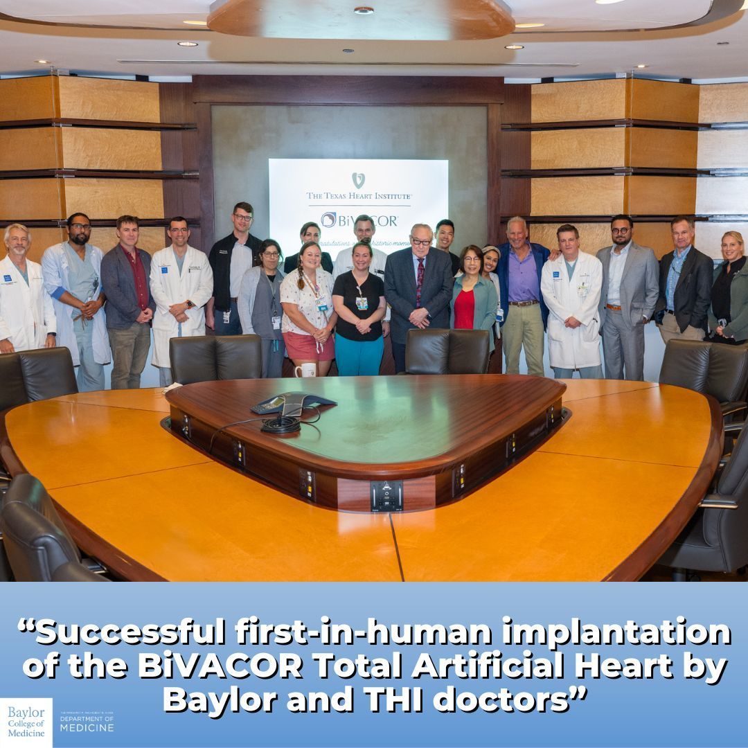 The Texas Heart Institute, BiVACOR, Baylor St. Luke’s, and Baylor College of Medicine celebrate the first human implantation of the Total Artificial Heart! This device offers new hope for patients with severe heart failure. 🌟🤝 #BCMDoM #BCM

Read more: buff.ly/3YvsAOS