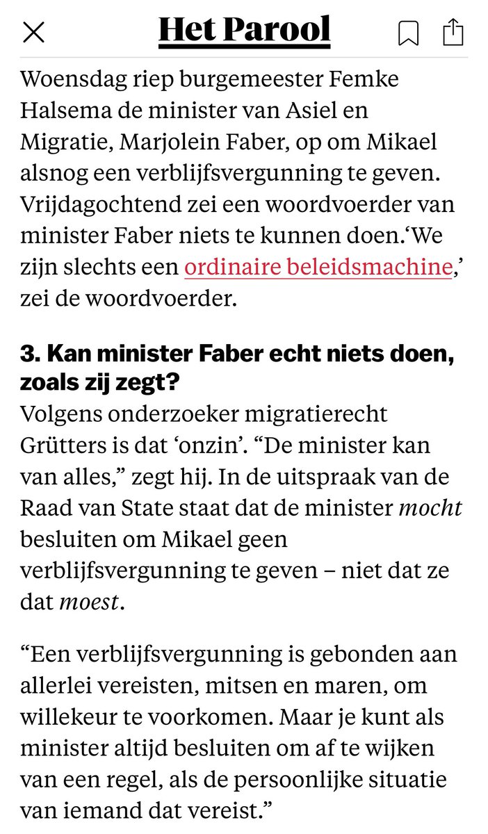Beste minister <a href="/MinisterAenM/">Ministers Asiel en Migratie</a>, graag attendeer ik u op dit artikel. Samenvatting: als u Mikael alsnog een verblijfsvergunning wilt geven, is dat zeker mogelijk. Willen = kunnen! Bent u bereid vanuit compassie en liefde voor in Nederland gewortelde kinderen te handelen? #Mikael