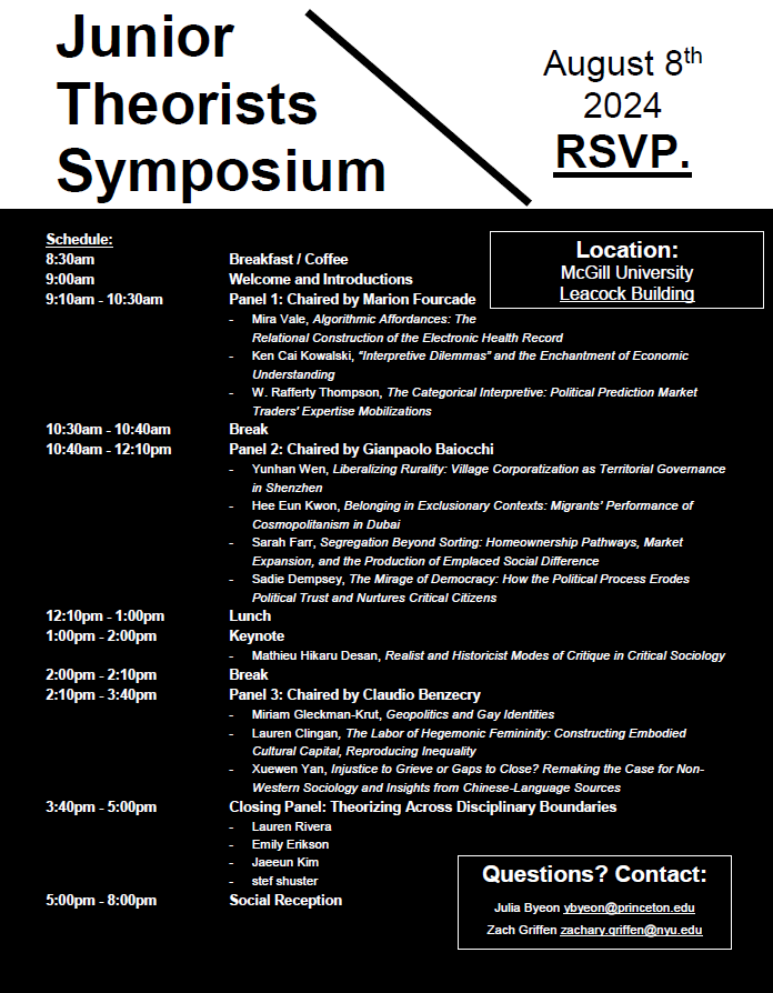 Reminder that the 2024 Junior Theorists Symposium at <a href="/ASAnews/">ASA Sociology</a> will take place next week on August 8th at <a href="/mcgillu/">McGill University</a>. If you're arriving early to ASA or know other folks who might be, please come on by! <a href="/ASAtheory/">ASA Theory Section</a>
