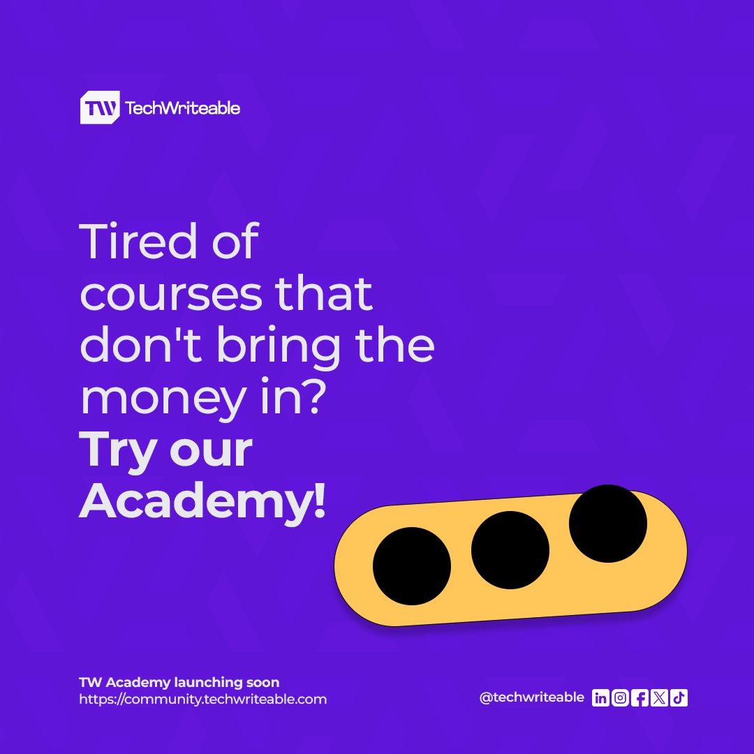 techwriteable's tweet photo. Tired of investing in courses that don’t pay off? Join TechWriteable Academy and unlock a better career with courses designed to bring you real results! 🚀
✨ Launching Soon! Stay tuned for more updates.
🔗https://t.co/c7V3xveYdQ
#TWAcademy #contentwriting #TechWriteable https://t.co/3xRk9rRhXF
