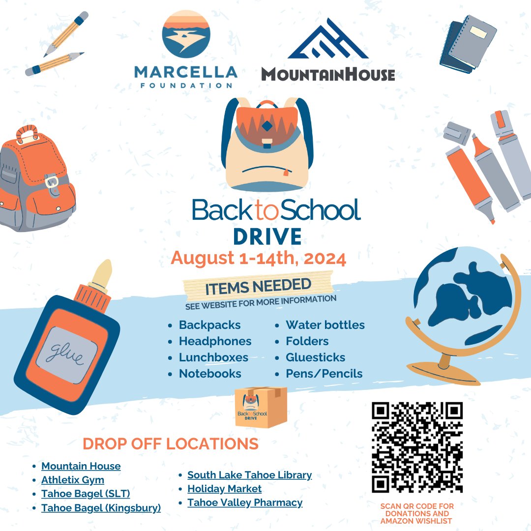 MarcellaTahoe's tweet image. 🎒✏️Back to School Drive Alert! ✏️🎒

Join us and @mountainhouse for our Back to School Drive from August 1st - 14th! We&apos;re partnering up with Soroptimist International of the Tahoe Sierra to get school supplies for children in South Lake Tahoe. Visit our website for details.