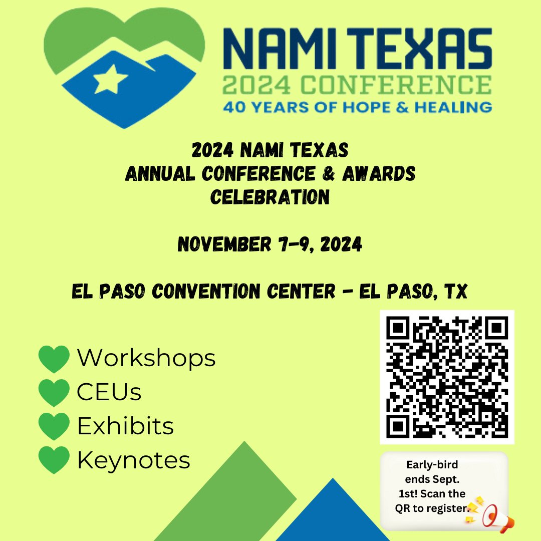 NAMITexas's tweet photo. The NAMI Texas Annual Conference and Awards Celebration is the event of the year for the Texas #mentalhealth community. This is the first time we're taking the Conference to #ElPaso. Join us for an extra special celebration of our 40th anniversary! #40HH #txmh https://t.co/x3a59pOmub