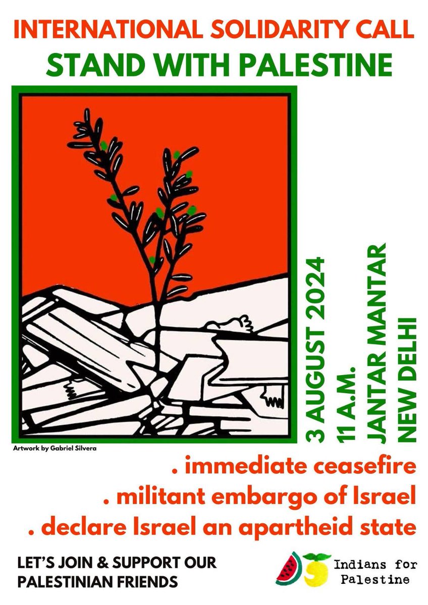 Hind4Palestine's tweet photo. Friends in Delhi, join tomorrow to support Palestine &amp; demand that the Indian State end all ties with an apartheid state🇵🇸🇮🇳✊🏾 https://t.co/rahurycnys