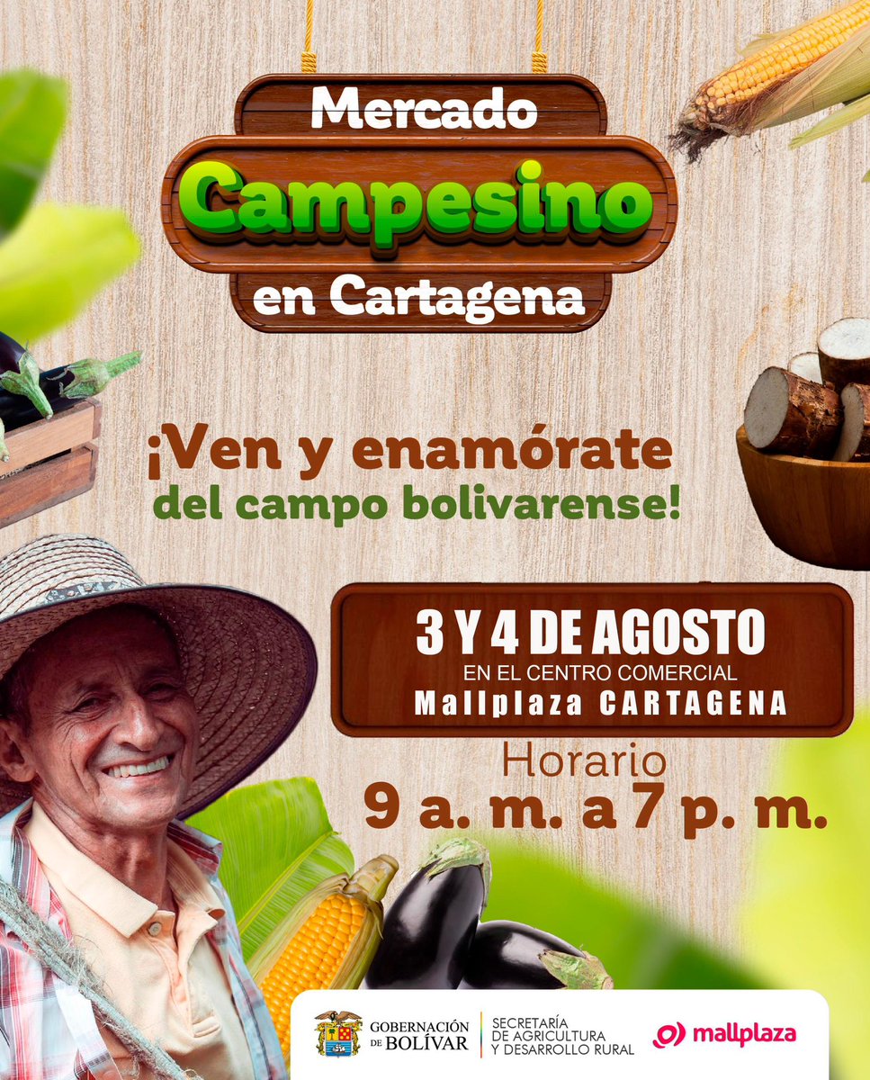 Este fin de semana los esperamos a todos en el Mercado Campesino que llevaremos a Mall Plaza. No se lo pueden perder. Productos frescos de los municipios de Bolívar directo a las manos de todos ustedes.

Ayúdenme a difundir, llévense a amigos, vecinos y familiares. Vamos a apoyar
